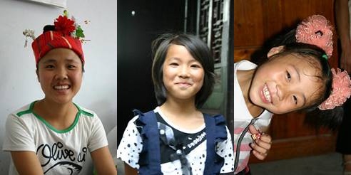左から　劉チョン（20歳、高校2）　　田静（12歳、小4）　春美（7歳、小1　春蘭の妹）